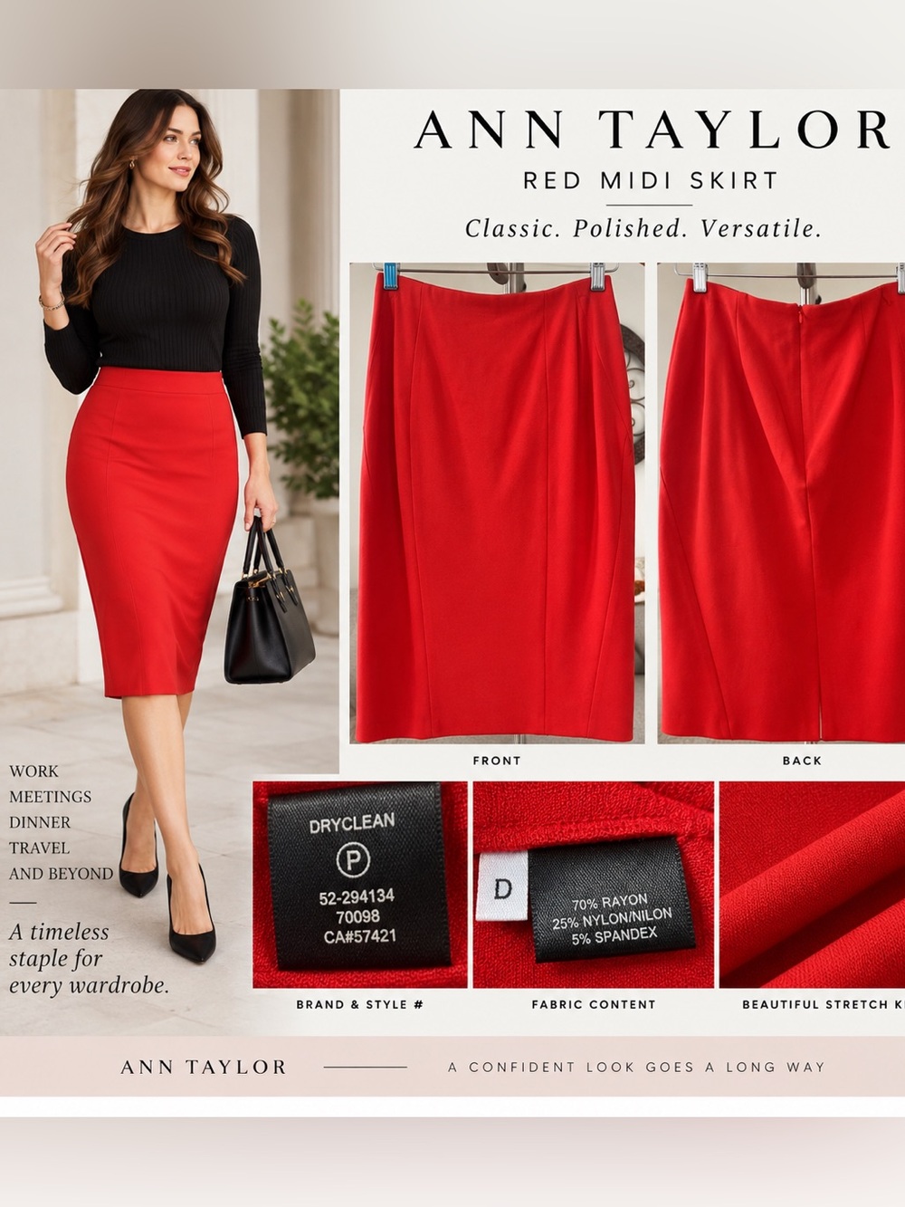 Ann Taylor Red Ponte Knit Pencil Midi Skirt